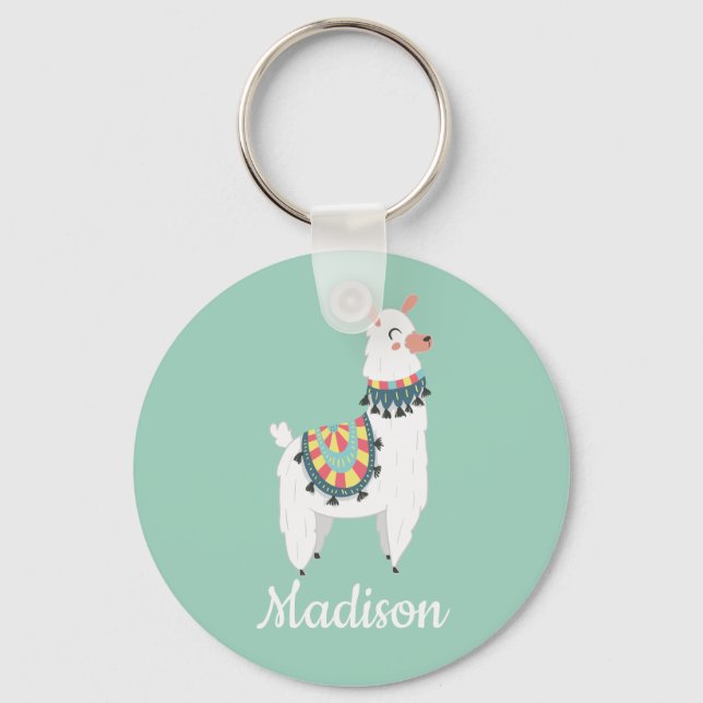 Cute White Llama Mint Green Monogram Name Key Ring (Front)