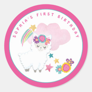 Cute White Llama Name First Birthday Party Classic Round Sticker