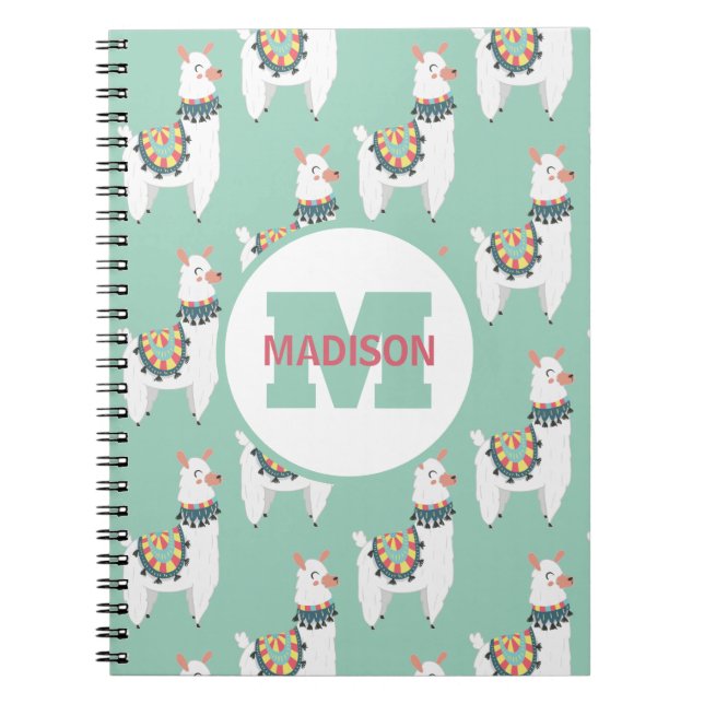 Cute White Llamas Mint Green Monogram Name Initial Notebook (Front)