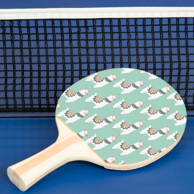 Cute White Llamas Mint Green Monogram Name Initial Ping Pong Paddle (Insitu)