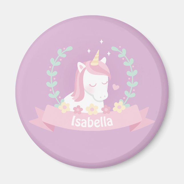 Cute White Magical Unicorn Flowers Girls Magnets (Front)