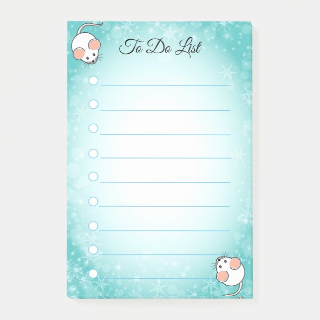 Cute white mice on turquoise & white lined post-it notes (Front)