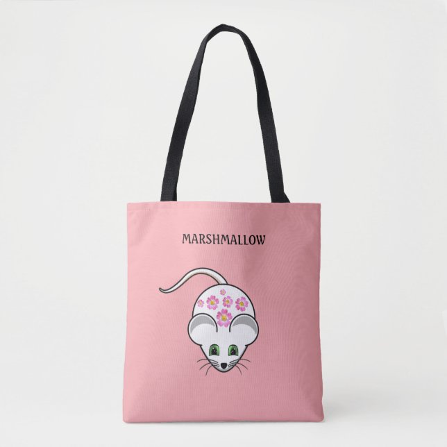 Cute white mouse and flowers on coral pink tote bag (Front)