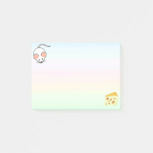 Cute white mouse & cheese on pastel colours post-it notes