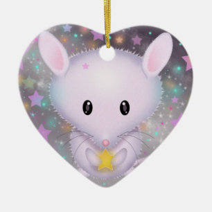 Cute White Mouse holding Star Ceramic Tree Decoration