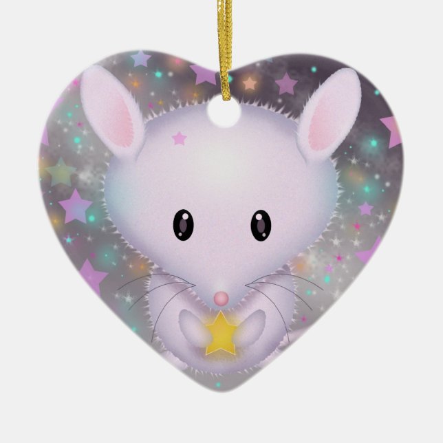Cute White Mouse holding Star Ceramic Tree Decoration (Front)