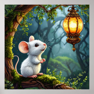 🐭🏮 Cute White Mouse Lantern Night Cosy Art ✨ Poster