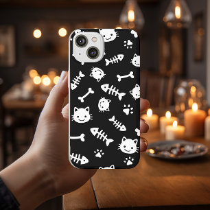Cute White on Black Cat Bones Fish Paw Pattern iPhone 12 Case