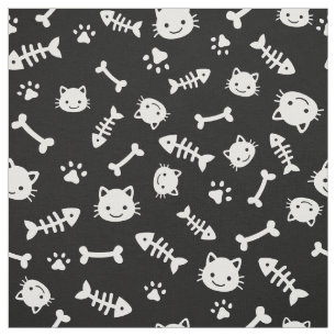Cute White on Black Cat Bones Fish Paw Pattern Fabric