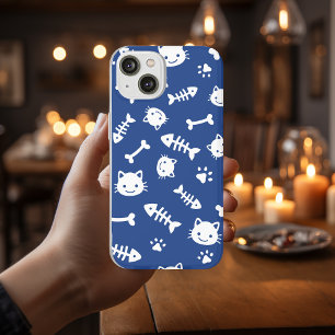Cute White on Blue Cat Bones Fish Paw Pattern iPhone 12 Case