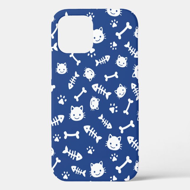 Cute White on Blue Cat Bones Fish Paw Pattern Case-Mate iPhone Case (Back)