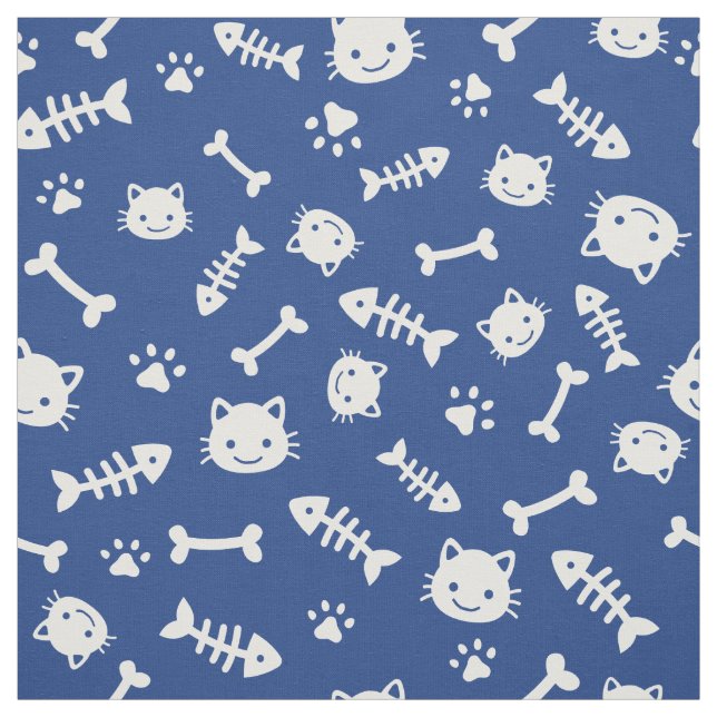 Cute White on Blue Cat Bones Fish Paw Pattern Fabric (Swatch)