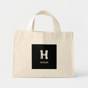 CUTE WHITE ONE LETTER MONOGRAM NAME BLACK NATURAL MINI TOTE BAG
