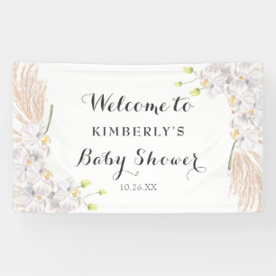 Cute White Orchids and Pampas Baby Shower Backdrop Banner