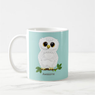 Cute White Owl and Laurel Leaves  on Teal Coffee Mug