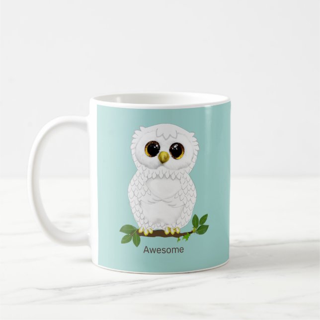 Cute White Owl and Laurel Leaves  on Teal Coffee Mug (Left)