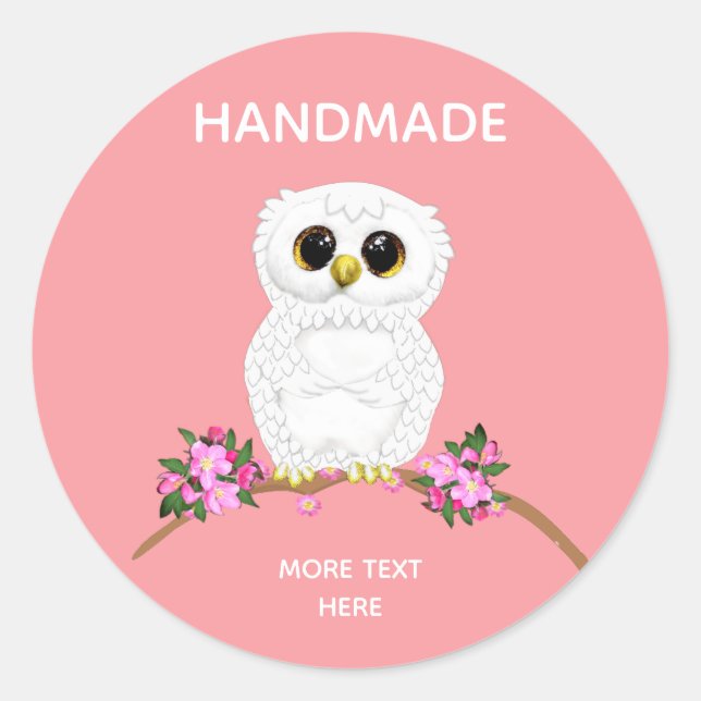 Cute White Owl on Light Pink Handmade Classic Round Sticker (Front)