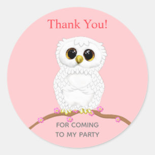 Cute white owl on light pink thank you classic round sticker