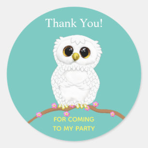 Cute white owl on light teal thank you classic round sticker
