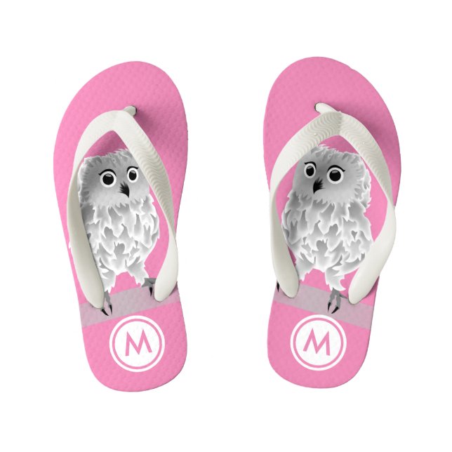 Cute White Owl Pink Girls Monogram Kid's Flip Flops (Footbed)