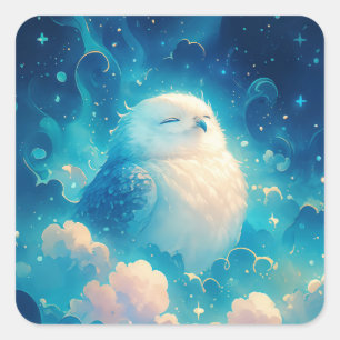 Cute White Owl Sleeping in Ethereal Blue Clouds Square Sticker