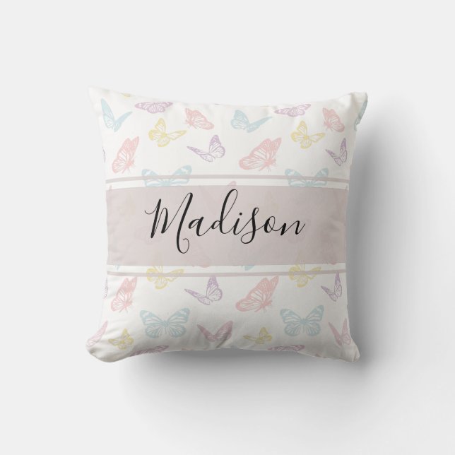 Cute White Pastel Butterfly Pattern Monogrammed Cushion (Front)