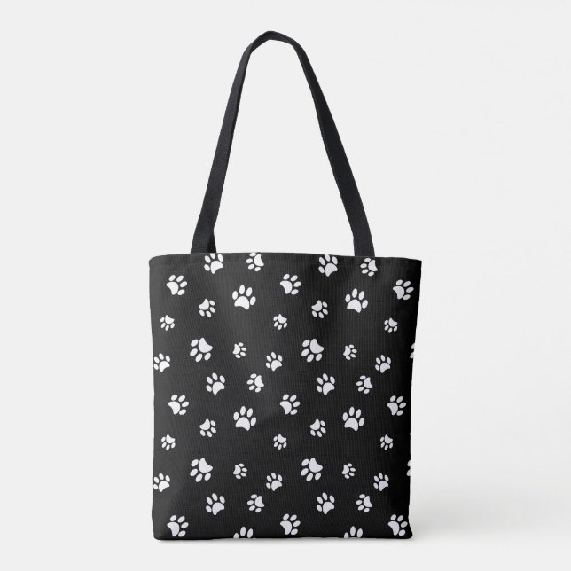 Cute White Paw Prints Pattern Black Tote Bag (Back)