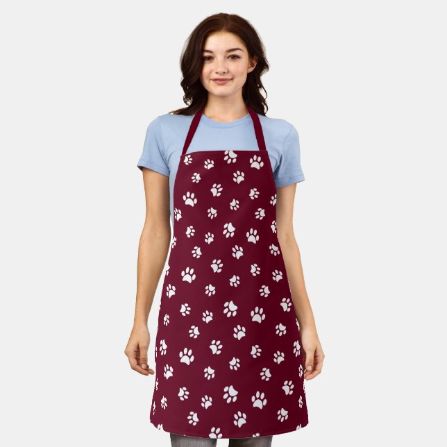 Cute White Paw Prints Pattern Burgundy Apron (Worn)