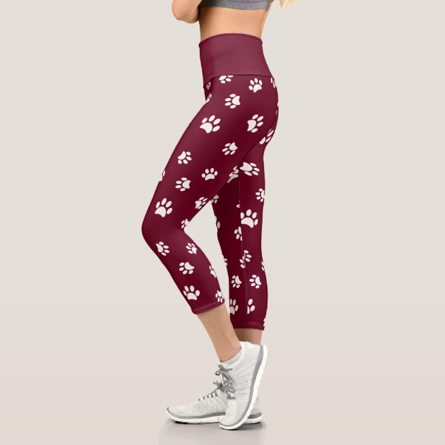 Cute White Paw Prints Pattern Burgundy Capri Leggings (Left)