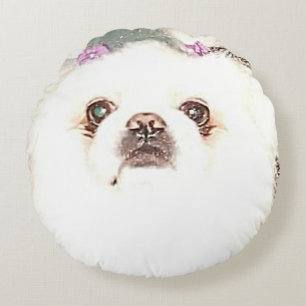 Cute White Pekingese Dog or Change to Your Dog Round Cushion