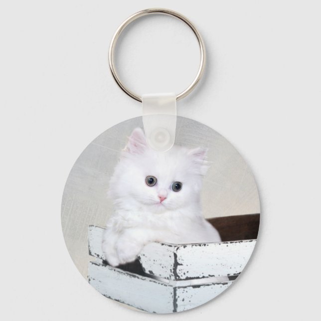 Cute White Persian Kitten Key Ring (Front)