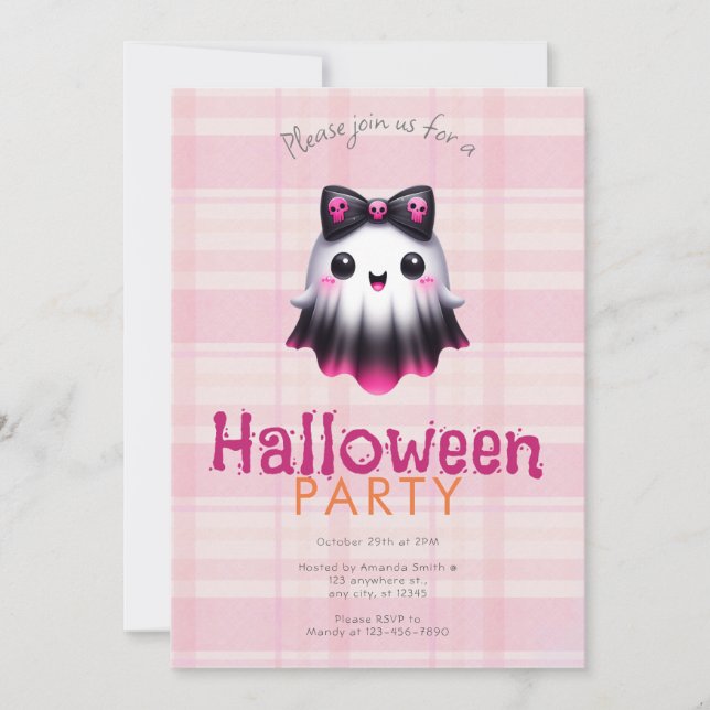 Cute White Pink Black Ghost Skulls Halloween Party Invitation (Front)