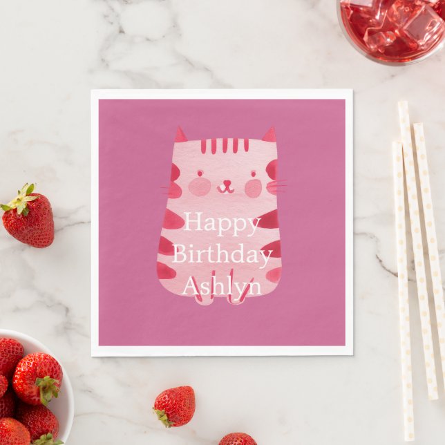 Cute White Pink Cat Birthday Personalised Napkin (Insitu)