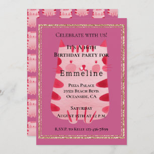 Cute White Pink Cat Gold Glitter 16th Birthday Invitation