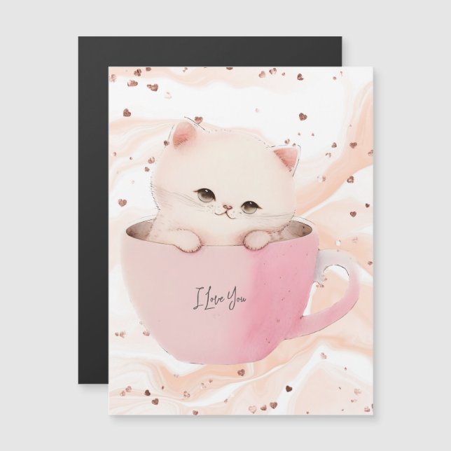 Cute White-Pink Cat in a Tea Cup (Front/Back)