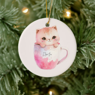 Cute White-Pink Cat in a Tea Cup (2) Ceramic Tree Decoration