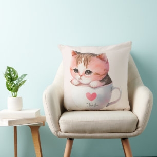 Cute White-Pink Cat in a Tea Cup (2) Cushion