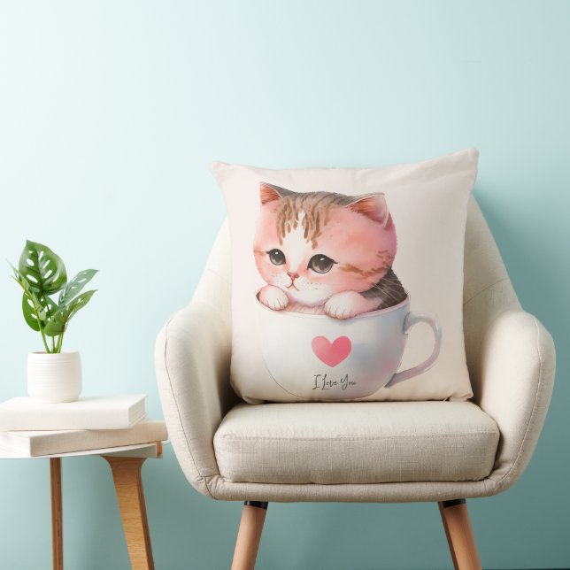 Cute White-Pink Cat in a Tea Cup (2) Cushion (Chair)