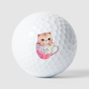 Cute White-Pink Cat in a Tea Cup (2) Golf Balls