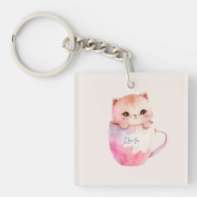 Cute White-Pink Cat in a Tea Cup (2) Key Ring (Front)