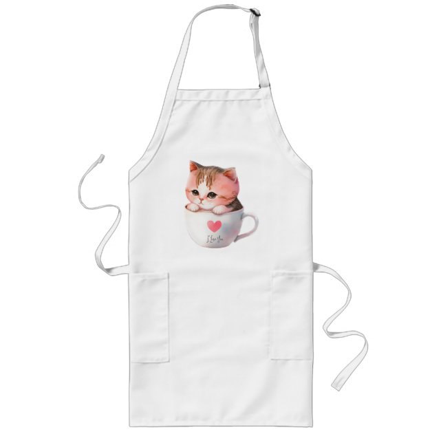 Cute White-Pink Cat in a Tea Cup (2) Long Apron (Front)