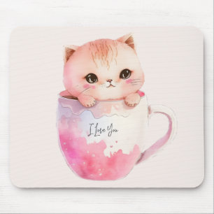 Cute White-Pink Cat in a Tea Cup (2) Mouse Mat