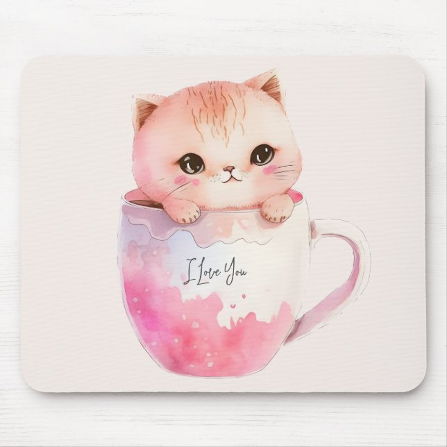 Cute White-Pink Cat in a Tea Cup (2) Mouse Mat (Front)