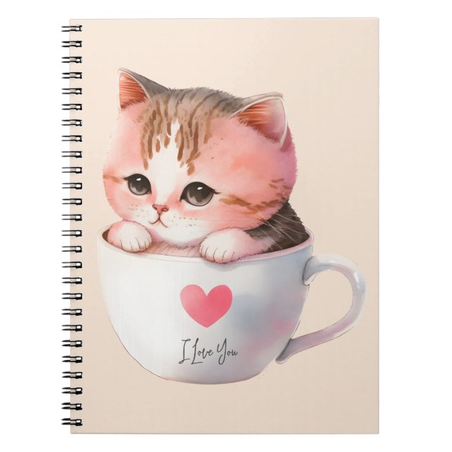 Cute White-Pink Cat in a Tea Cup (2) Notebook (Front)