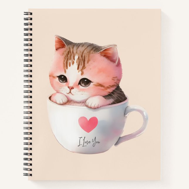 Cute White-Pink Cat in a Tea Cup (2) Notebook (Front)
