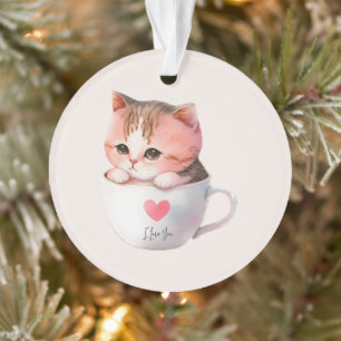 Cute White-Pink Cat in a Tea Cup (2) Ornament