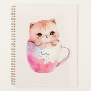 Cute White-Pink Cat in a Tea Cup (2) Planner