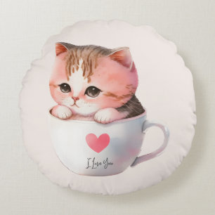 Cute White-Pink Cat in a Tea Cup (2) Round Cushion