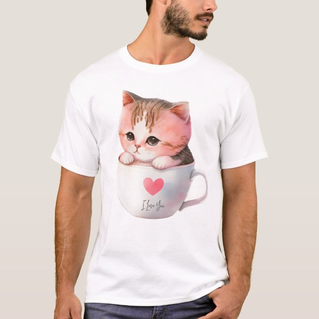 Cute White-Pink Cat in a Tea Cup (2) T-Shirt (Front)