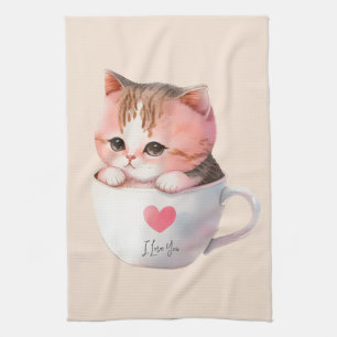 Cute White-Pink Cat in a Tea Cup (2) Tea Towel